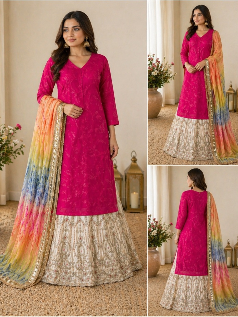 Fuchsia Embroidered Kurta with Multicolor Dupatta and Ivory Lehenga